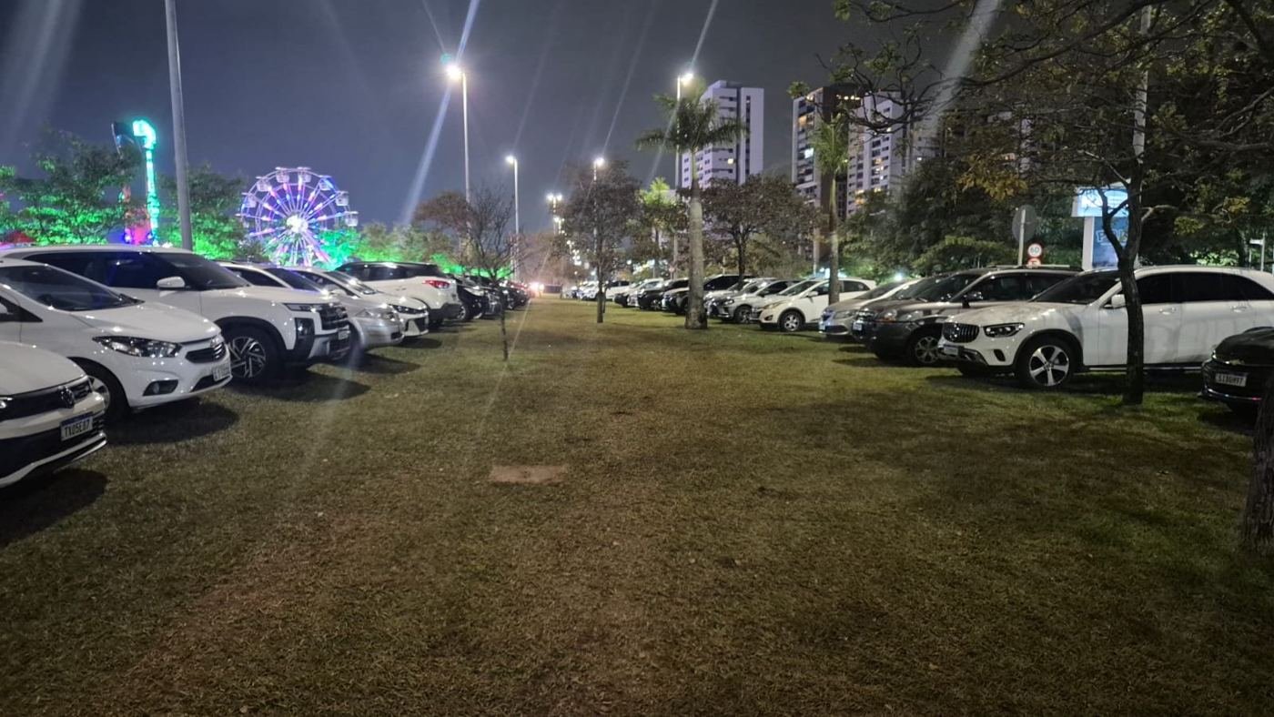 Fileiras de carros estacionados com a roda-gigante do evento ao fundo