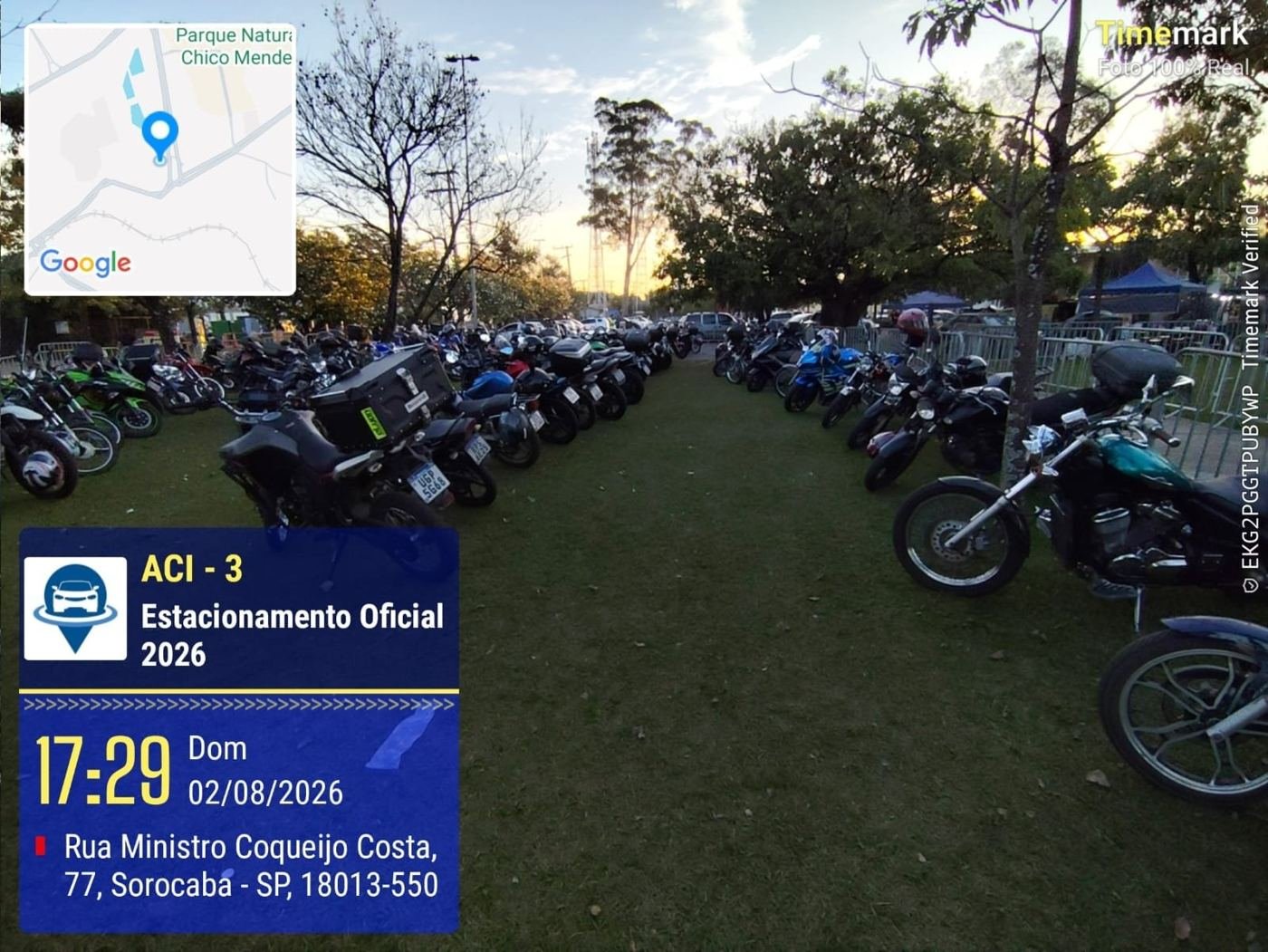 Setor de motos com carimbo ACI-3 Estacionamento Oficial 2026, hora e endereço