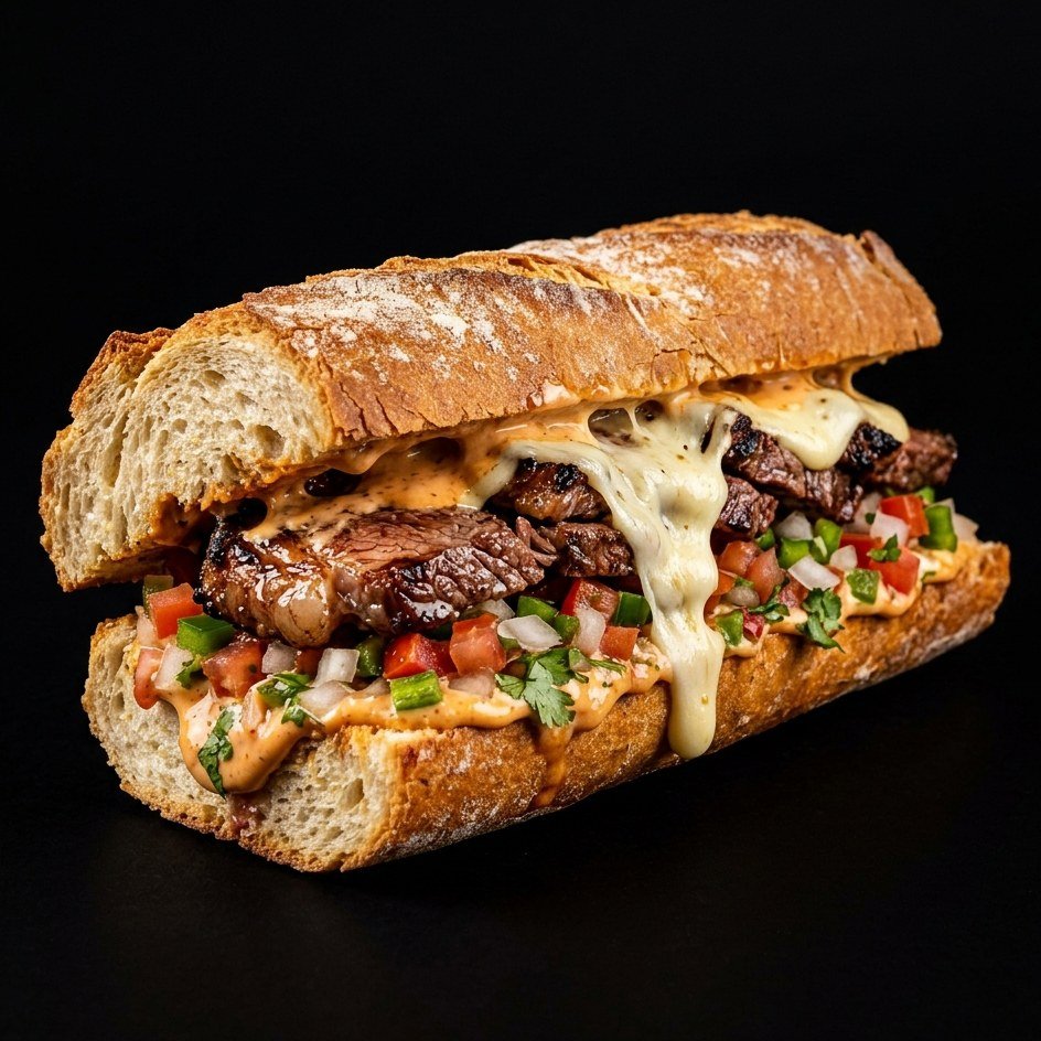 BBQ Brazilian Express na baguete, com churrasco de carne, vinagrete e queijo