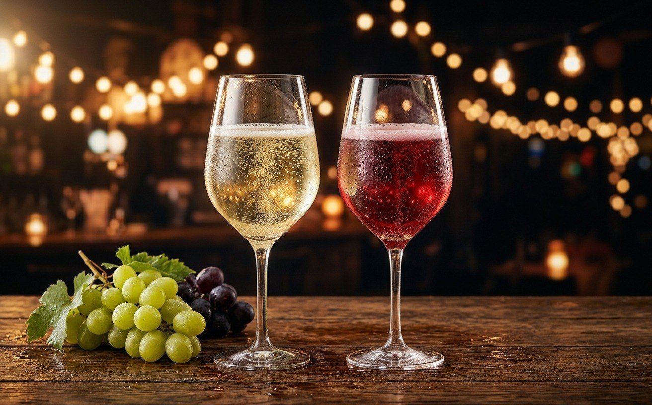 Taças de frisante de vinho branco e de vinho tinto
