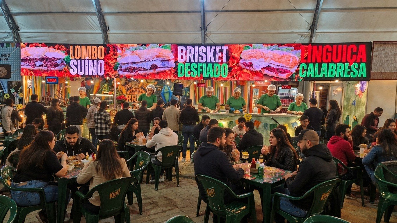Praça cheia em frente à barraca da ACI-3, com o telão em LED mostrando os lanches